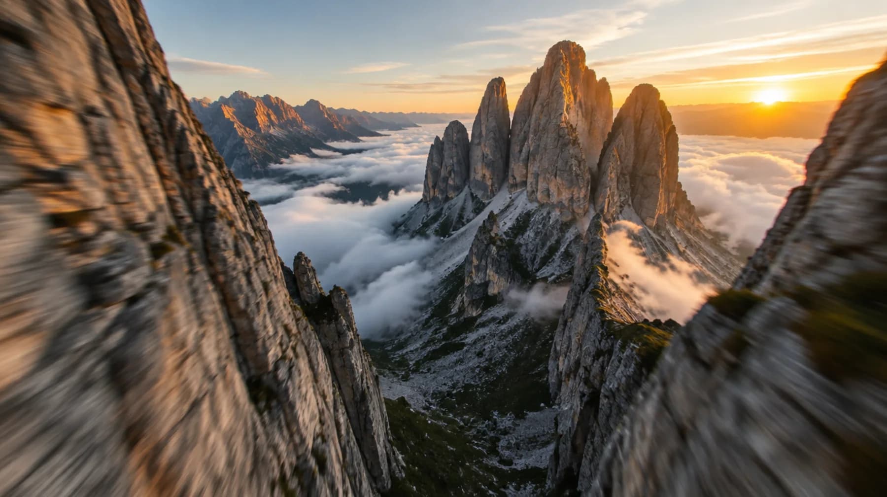 Lot nisko między skalnymi turniami Dolomitów o wschodzie słońca